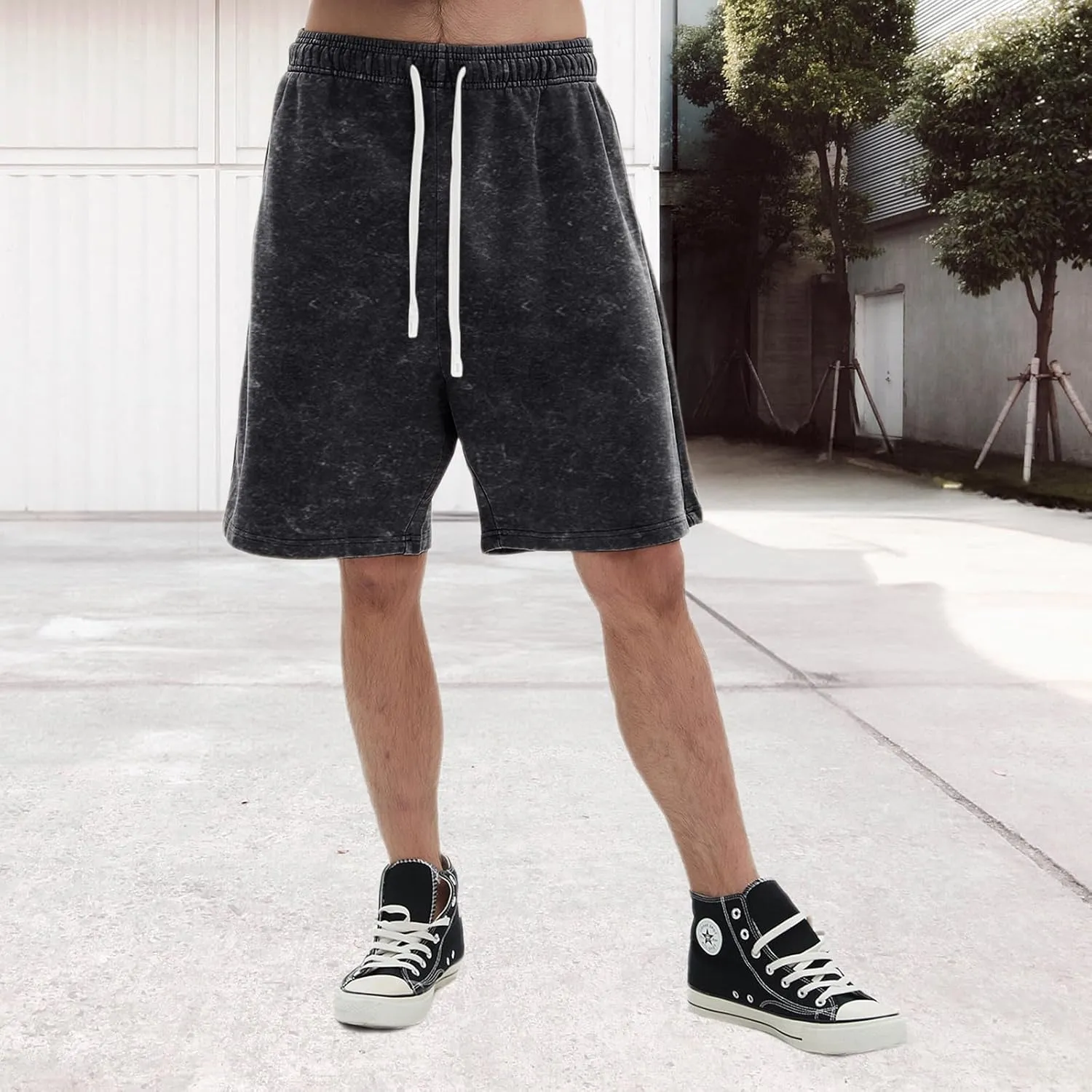 Bobeutou Mens Athletic Vintage Cotton Shorts Drawstring Summer Beach Elastic Waist Streetwear Baggy Gym Shorts with Pockets