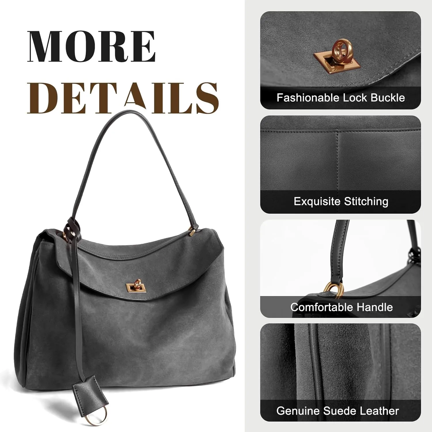 BOYATU Leather Suede Tote Bag for Women: Genuine Leather Shoulder Handbag - Large Suede Purse Satchel Bag