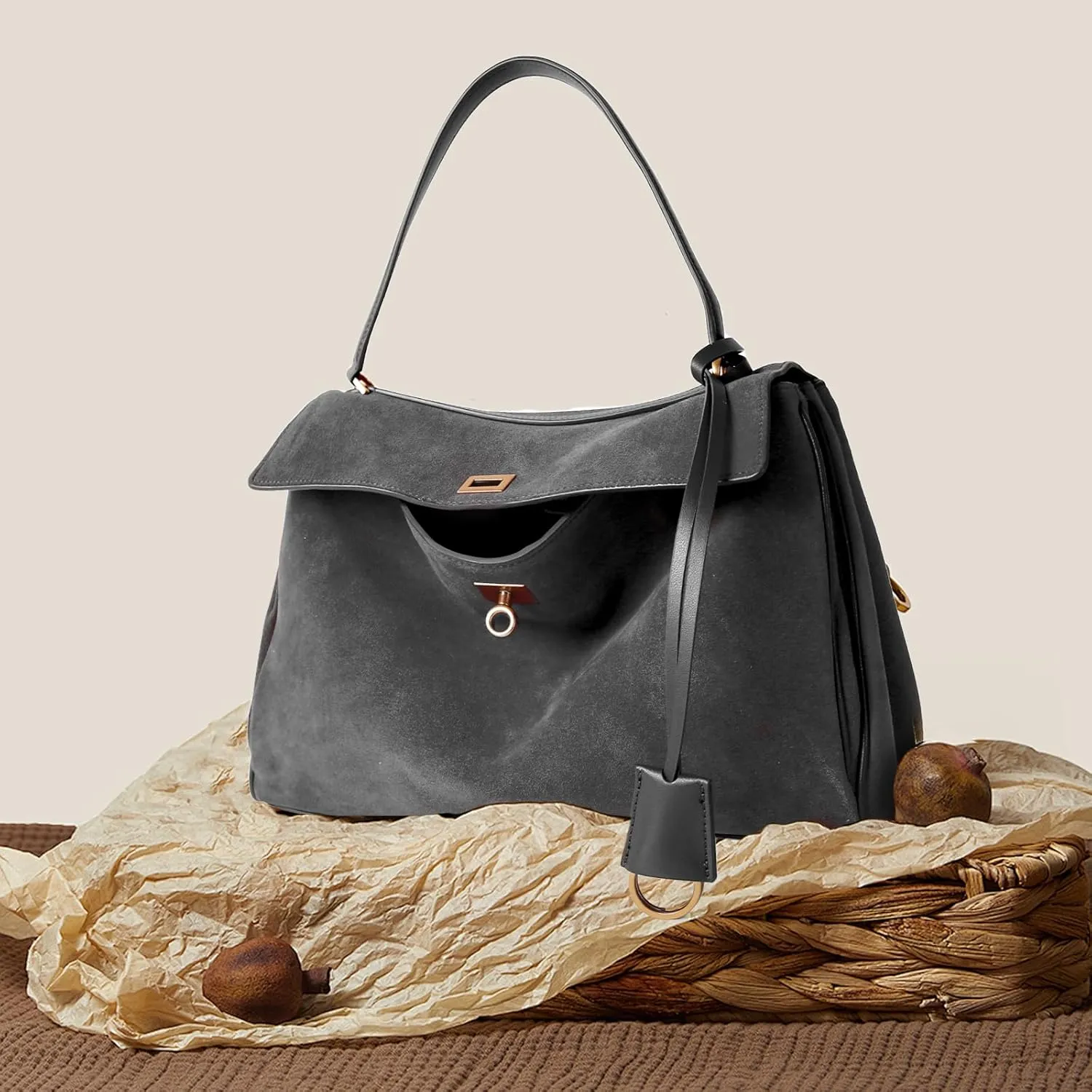 BOYATU Leather Suede Tote Bag for Women: Genuine Leather Shoulder Handbag - Large Suede Purse Satchel Bag