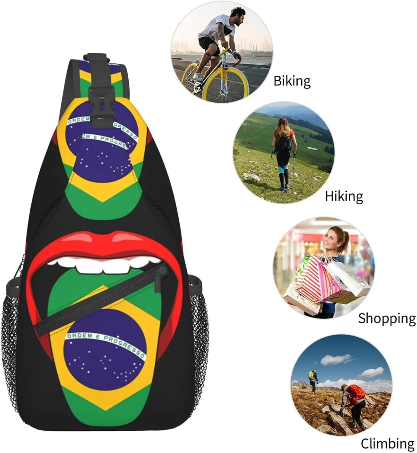Brazil Brazilian Flag Tongue Pride Chest Sling Bag Crossbody Shoulder Backpack Bag Gym Cycling Daypack Travel Hiking Cross Bag