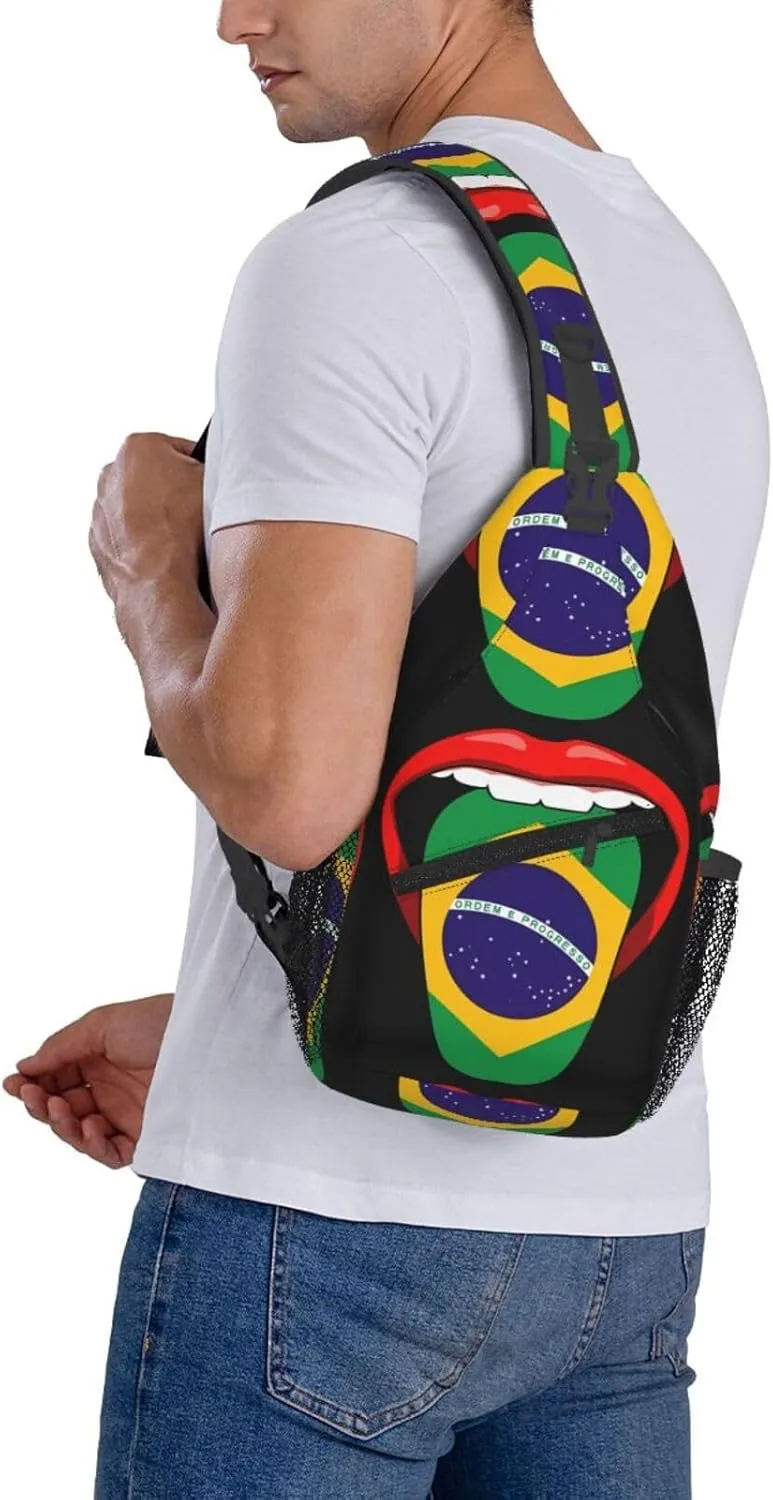 Brazil Brazilian Flag Tongue Pride Chest Sling Bag Crossbody Shoulder Backpack Bag Gym Cycling Daypack Travel Hiking Cross Bag