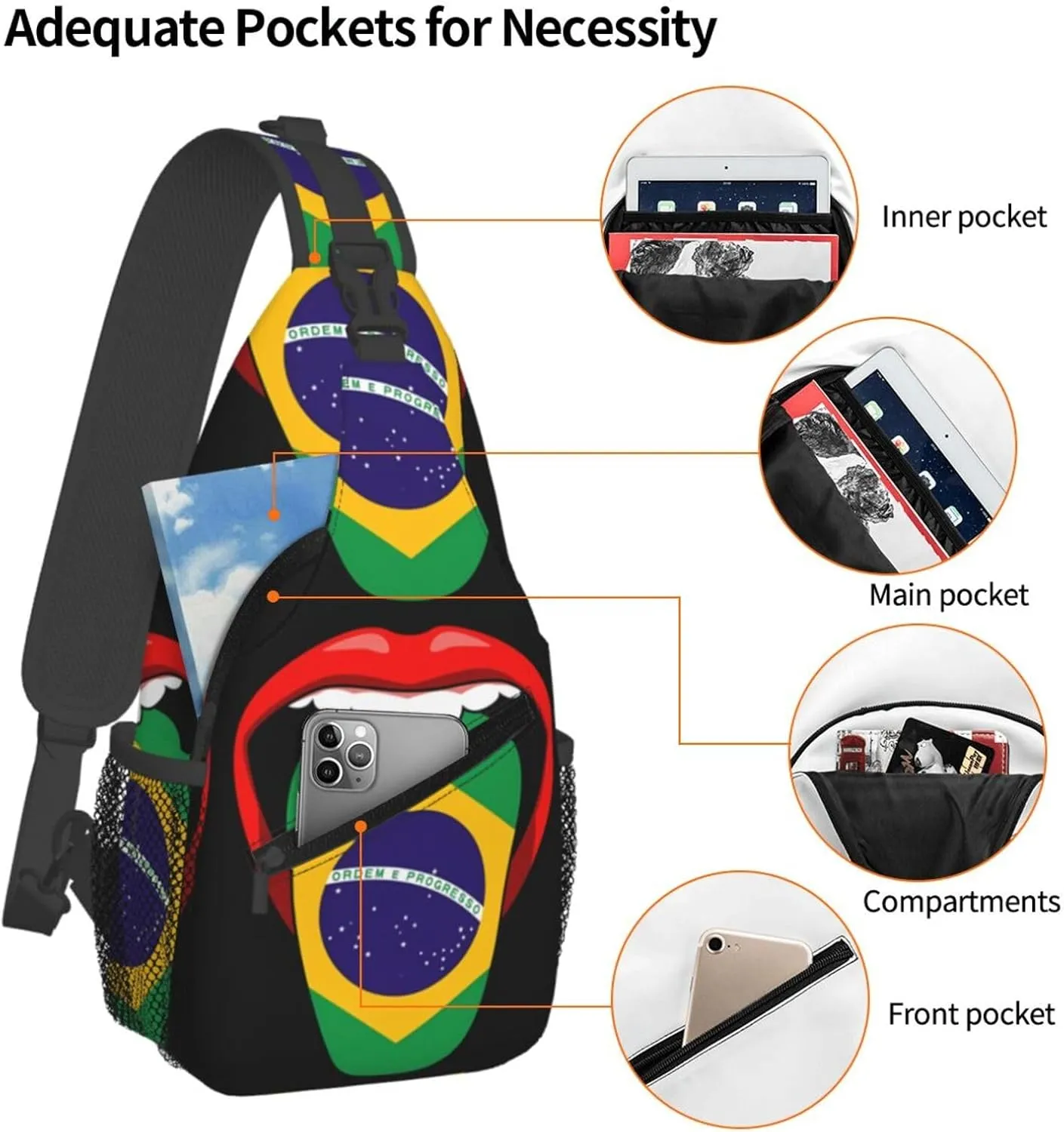 Brazil Brazilian Flag Tongue Pride Chest Sling Bag Crossbody Shoulder Backpack Bag Gym Cycling Daypack Travel Hiking Cross Bag