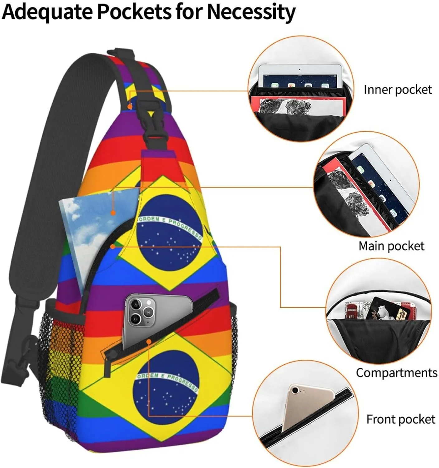 Brazil Gay Pride Rainbow Flag Chest Sling Bag Crossbody Shoulder Backpack Bag Gym Cycling Daypack Travel Hiking Cross Bag