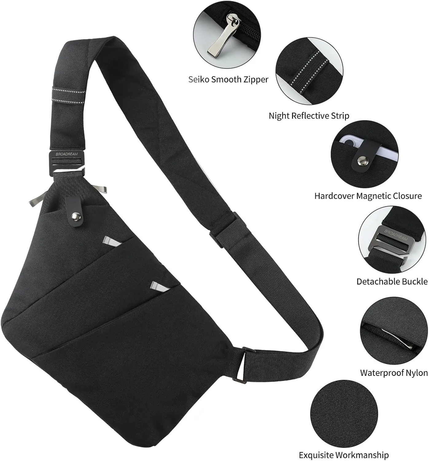 BROADREAM Anti Theft Crossbody Bag for Men Women - Slim Sling Bag Crossbody Shoulder Bag for Travel Hiking Sport Casual