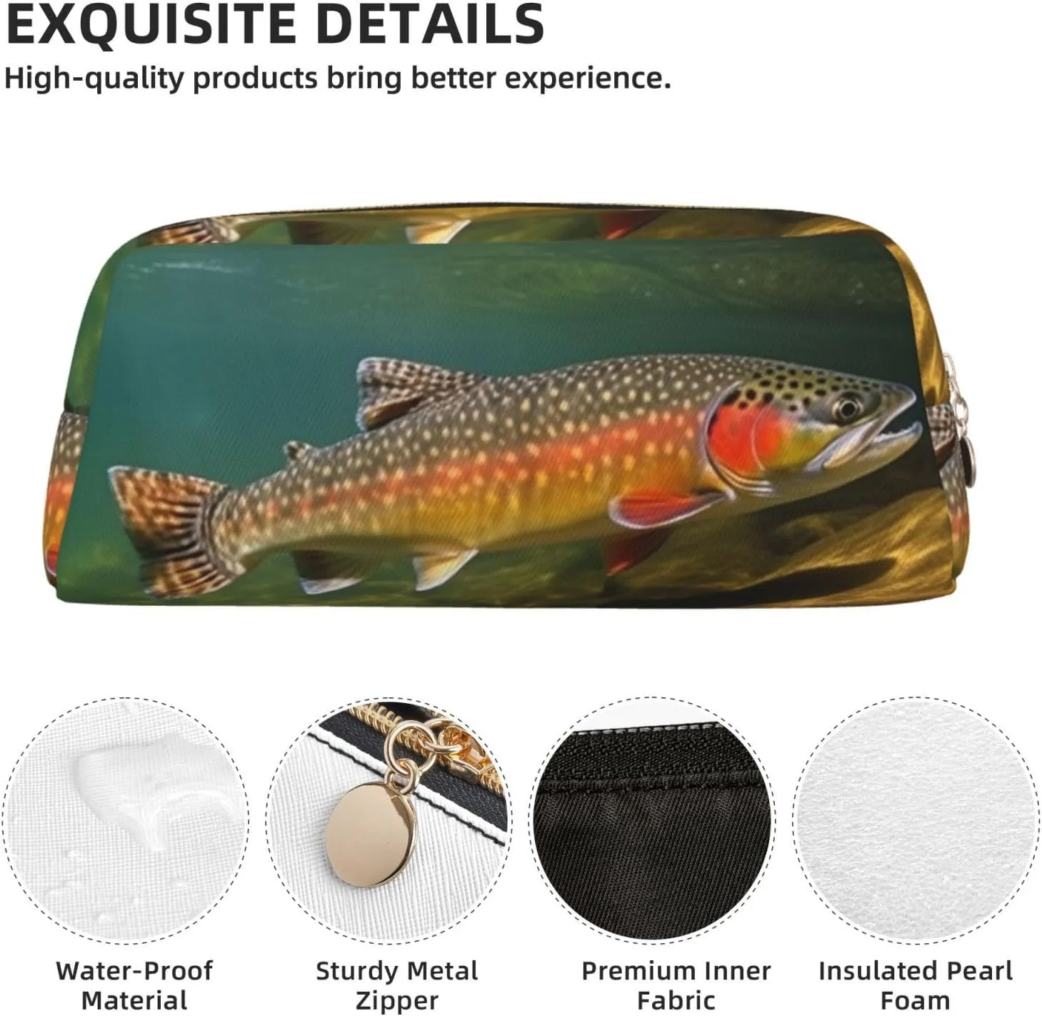 Brook Trout Fly Fishing Makeup Bag Travel Cosmetic Bag for Women Men Pencil Case Zipper Toiletry Bag Purse