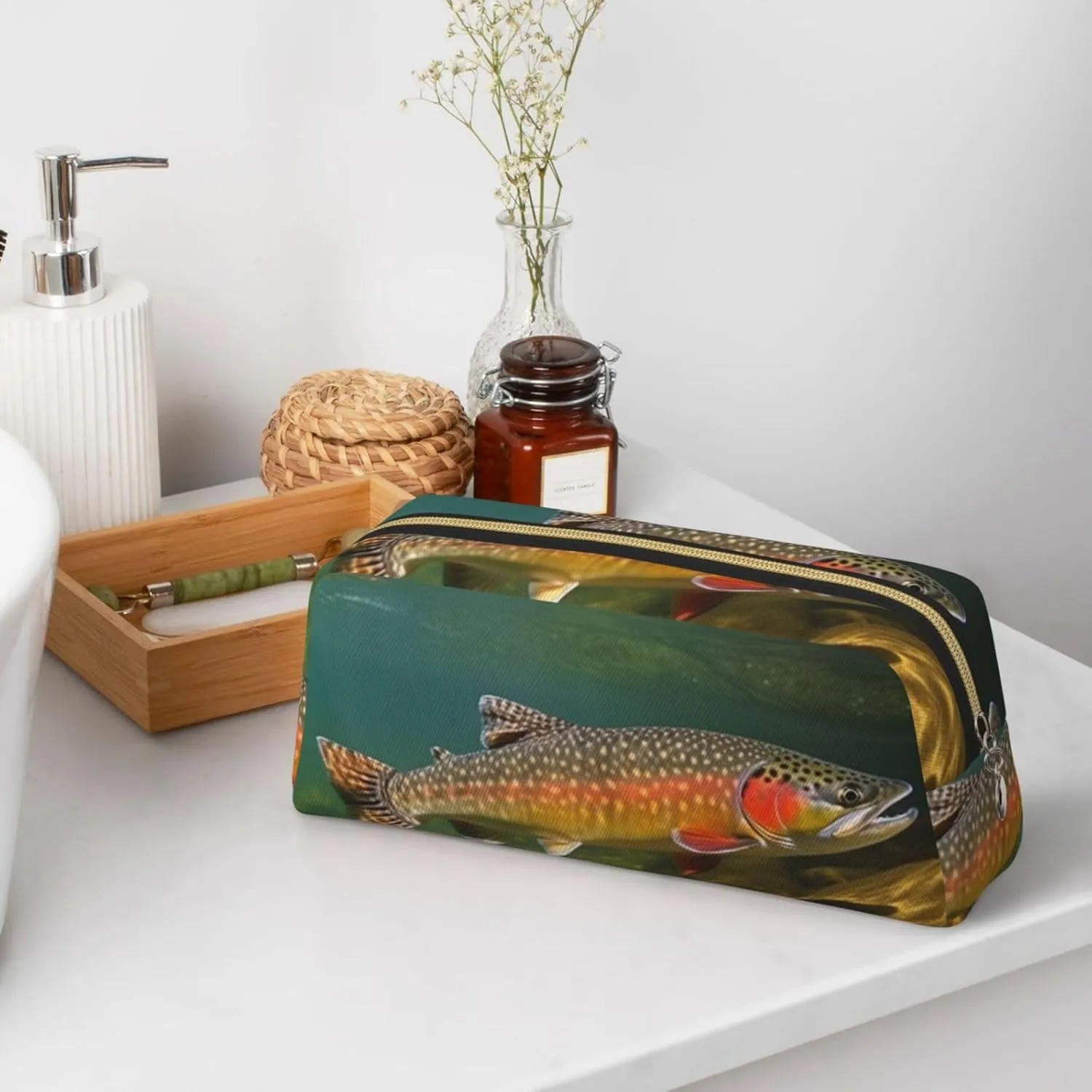 Brook Trout Fly Fishing Makeup Bag Travel Cosmetic Bag for Women Men Pencil Case Zipper Toiletry Bag Purse