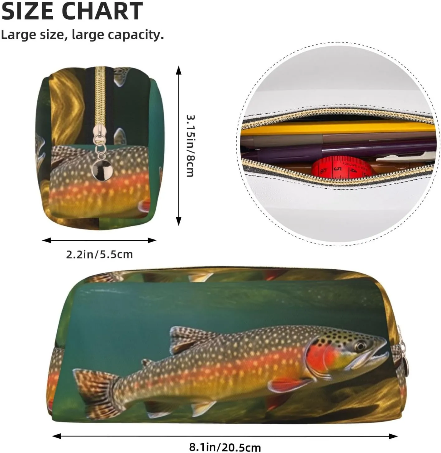 Brook Trout Fly Fishing Makeup Bag Travel Cosmetic Bag for Women Men Pencil Case Zipper Toiletry Bag Purse