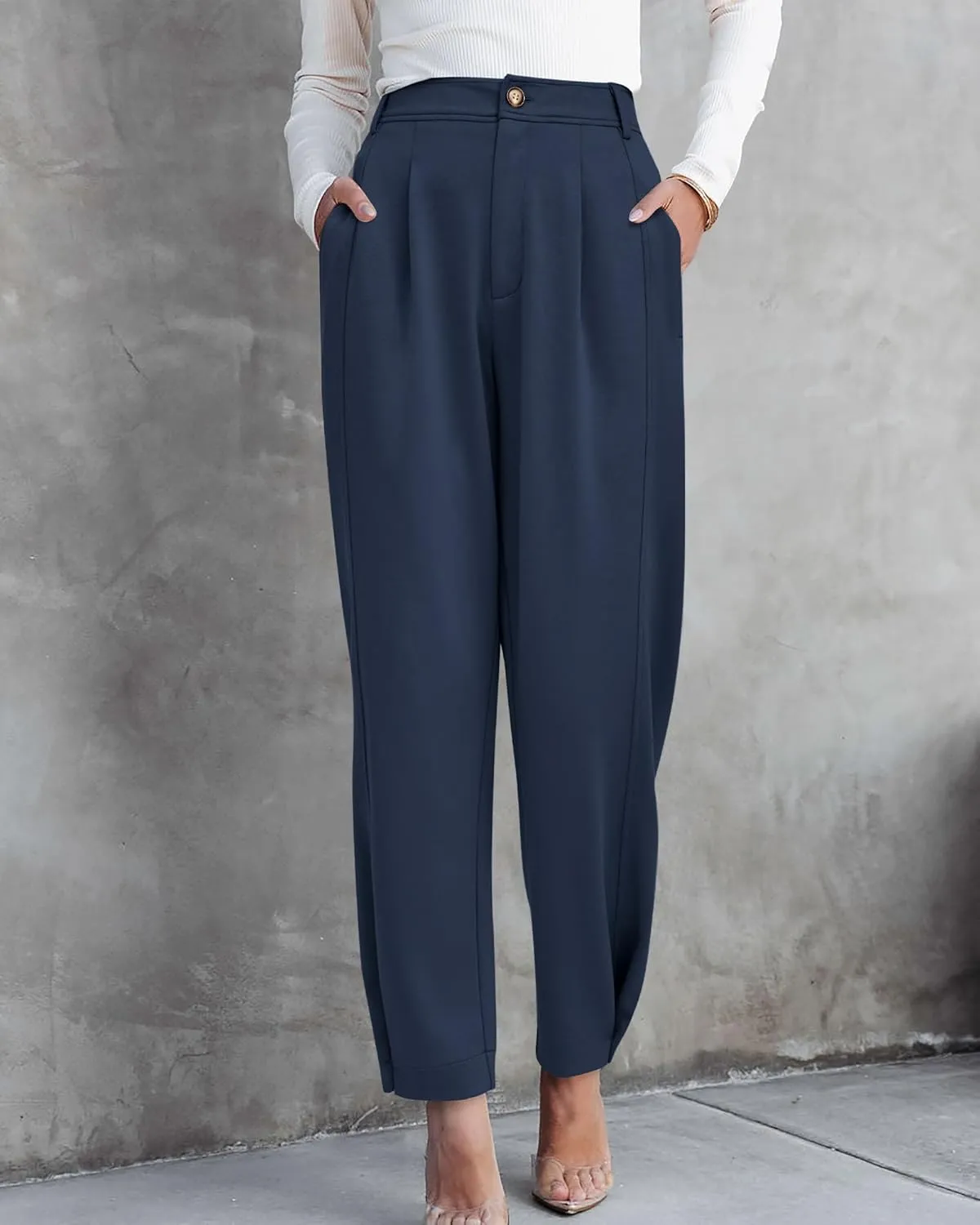 BTFBM Women's 2025 Casual Button Down Pants Elastic High Waist Business Work Trousers Long Straight Slacks with Pockets