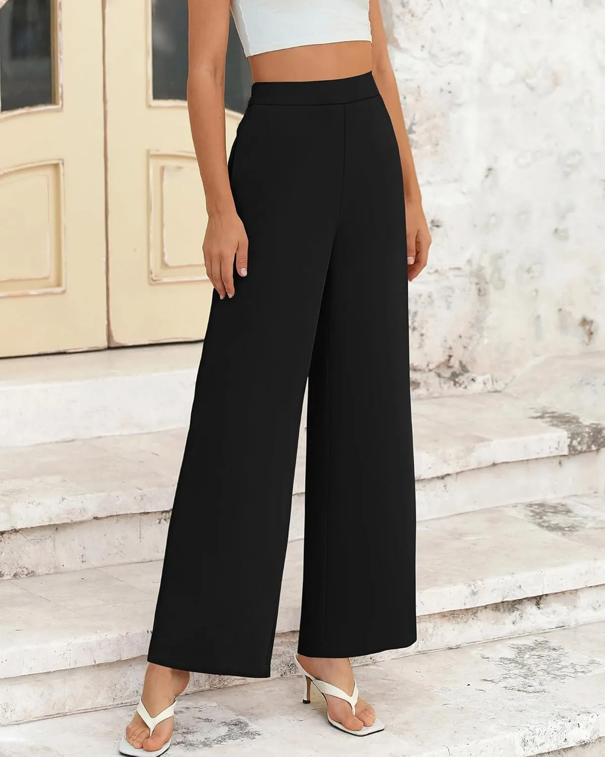 BTFBM Womens Wide Leg Pants Dressy Casual Elastic High Waisted Palazzo Business Lounge Trousers with Pockets
