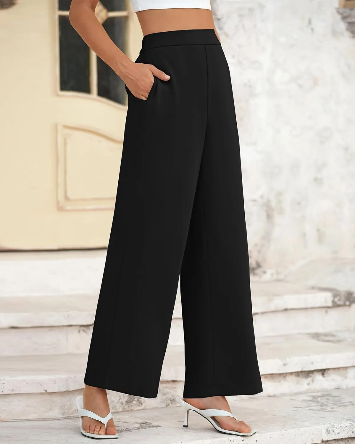 BTFBM Womens Wide Leg Pants Dressy Casual Elastic High Waisted Palazzo Business Lounge Trousers with Pockets