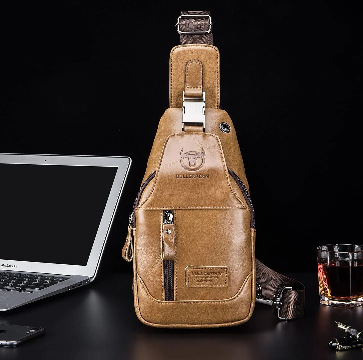 BULLCAPTAIN Genuine Leather Men Sling Backpack Multi Pocket Crossbody Chest Bags Travel Hiking Daypack