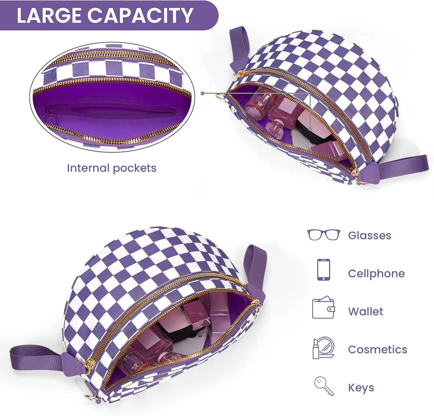 Bum Bags for Women Crossbody,Nylon Checkered Crossbody Bag Black and White Checkered Purse Oversized Slouchy Belt Bag