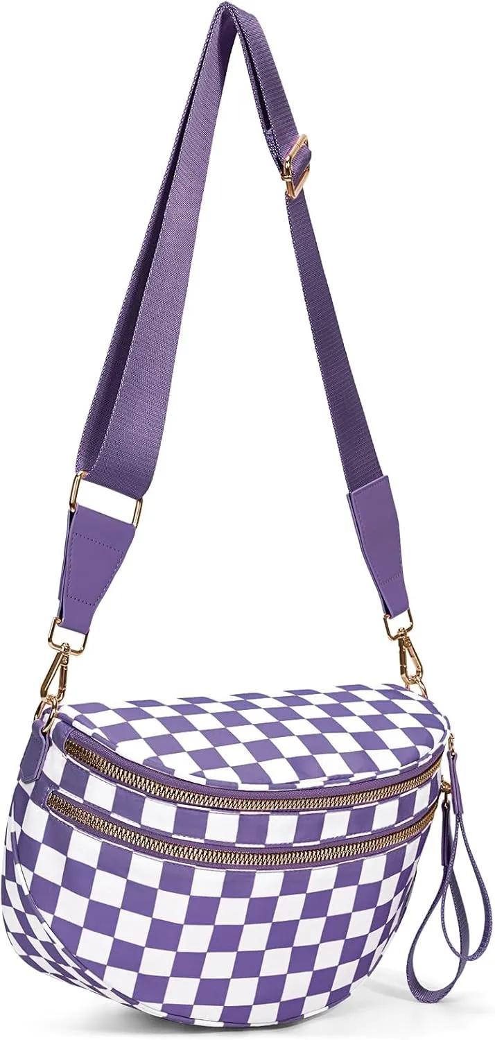 Bum Bags for Women Crossbody,Nylon Checkered Crossbody Bag Black and White Checkered Purse Oversized Slouchy Belt Bag