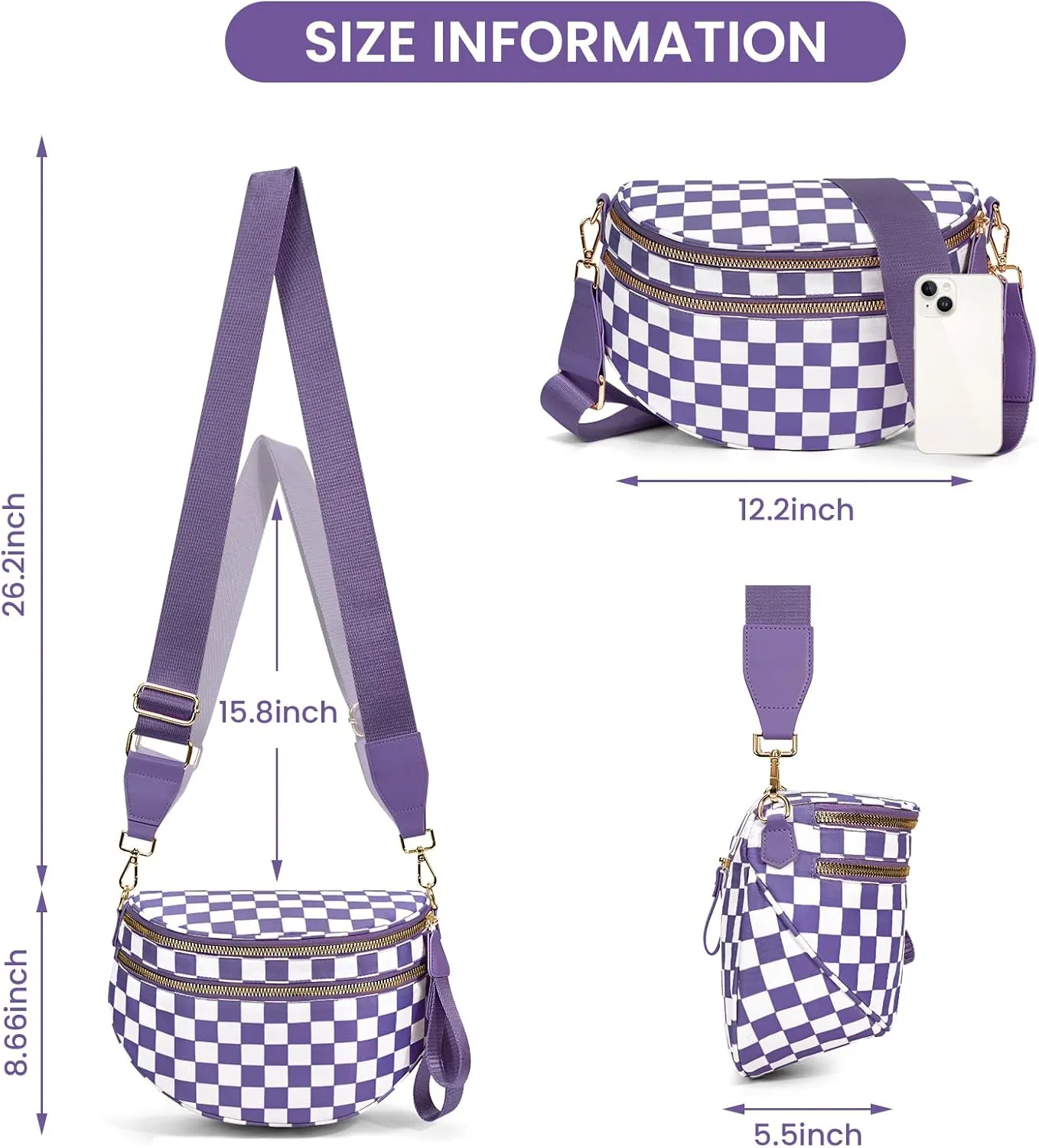 Bum Bags for Women Crossbody,Nylon Checkered Crossbody Bag Black and White Checkered Purse Oversized Slouchy Belt Bag