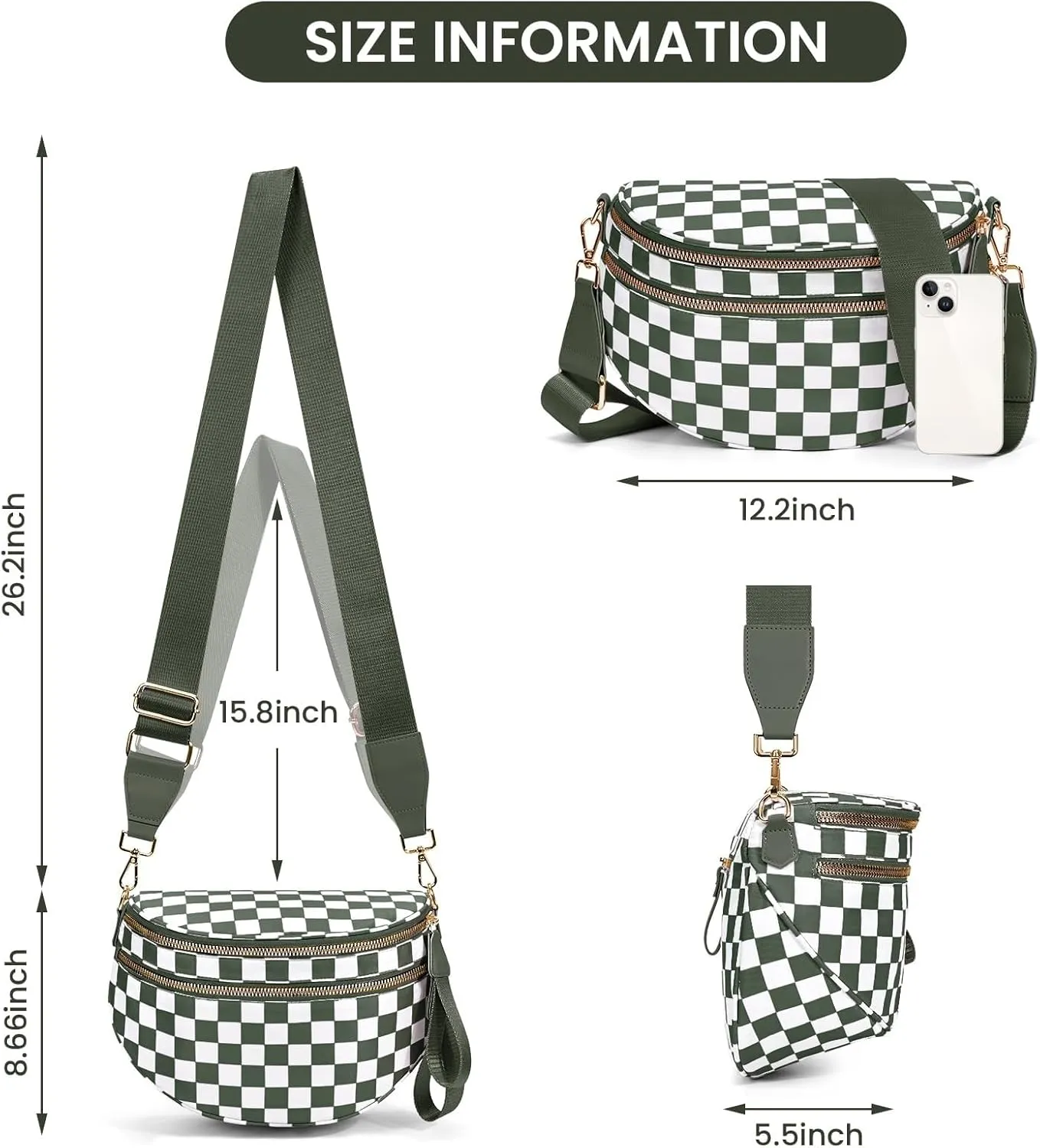 Bum Bags for Women Crossbody,Oversized Slouchy Belt Bag,Nylon Checkered Crossbody Bag Black and White Checkered Purse (Black white)