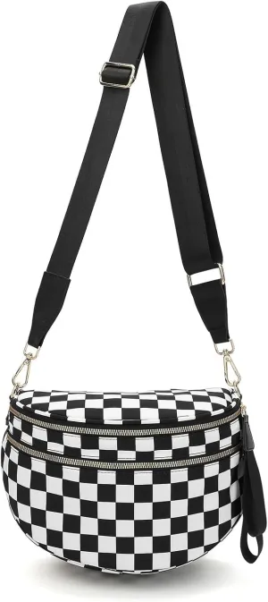 Bum Bags for Women Crossbody,Oversized Slouchy Belt Bag,Nylon Checkered Crossbody Bag Black and White Checkered Purse (Black white)