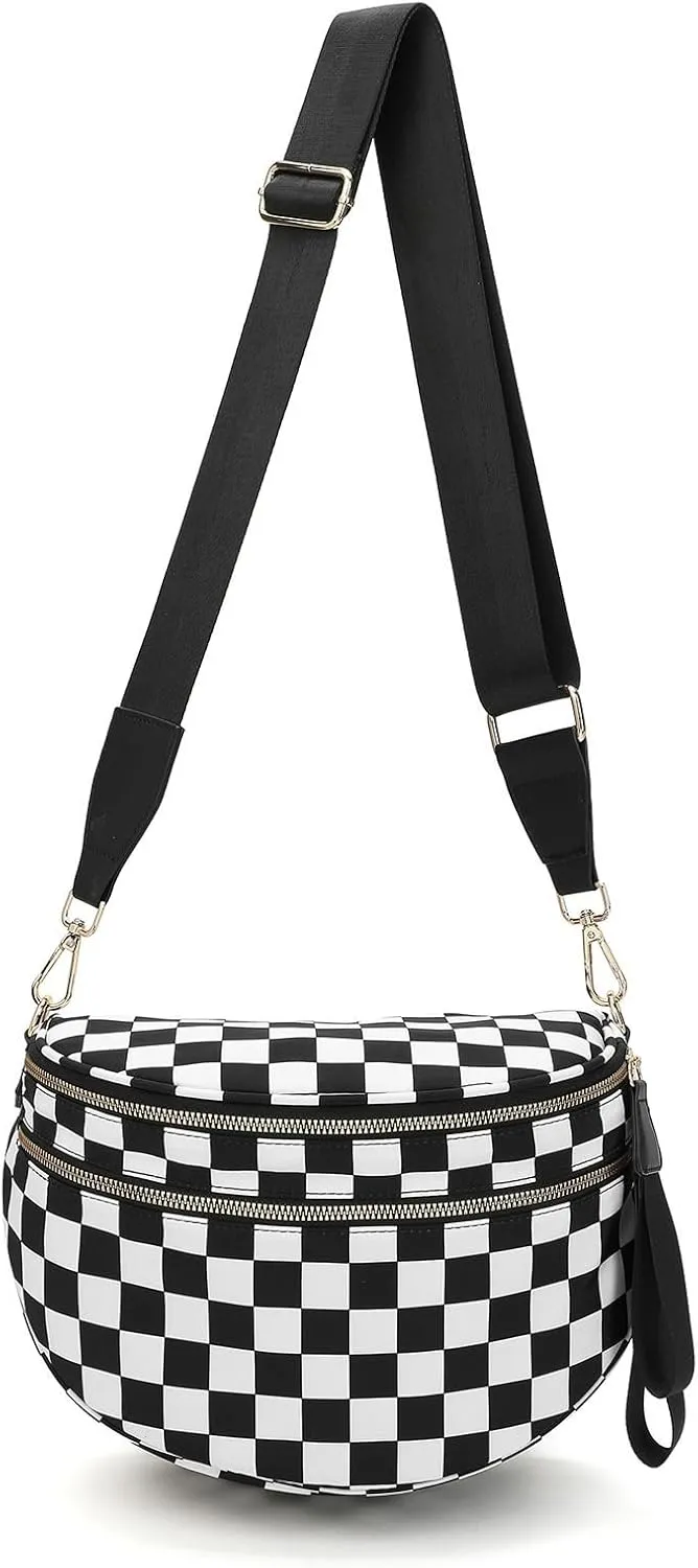 Bum Bags for Women Crossbody,Oversized Slouchy Belt Bag,Nylon Checkered Crossbody Bag Black and White Checkered Purse (Black white)
