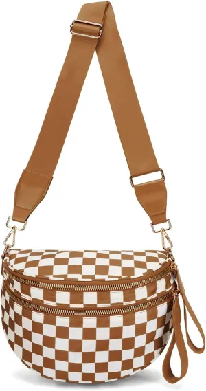 Bum Bags for Women Crossbody,Oversized Slouchy Belt Bag,Nylon Checkered Crossbody Bag Black and White Checkered Purse (Brown white)