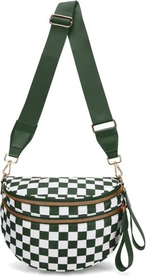 Bum Bags for Women Crossbody,Oversized Slouchy Belt Bag,Nylon Checkered Crossbody Bag Black and White Checkered Purse (Green white)