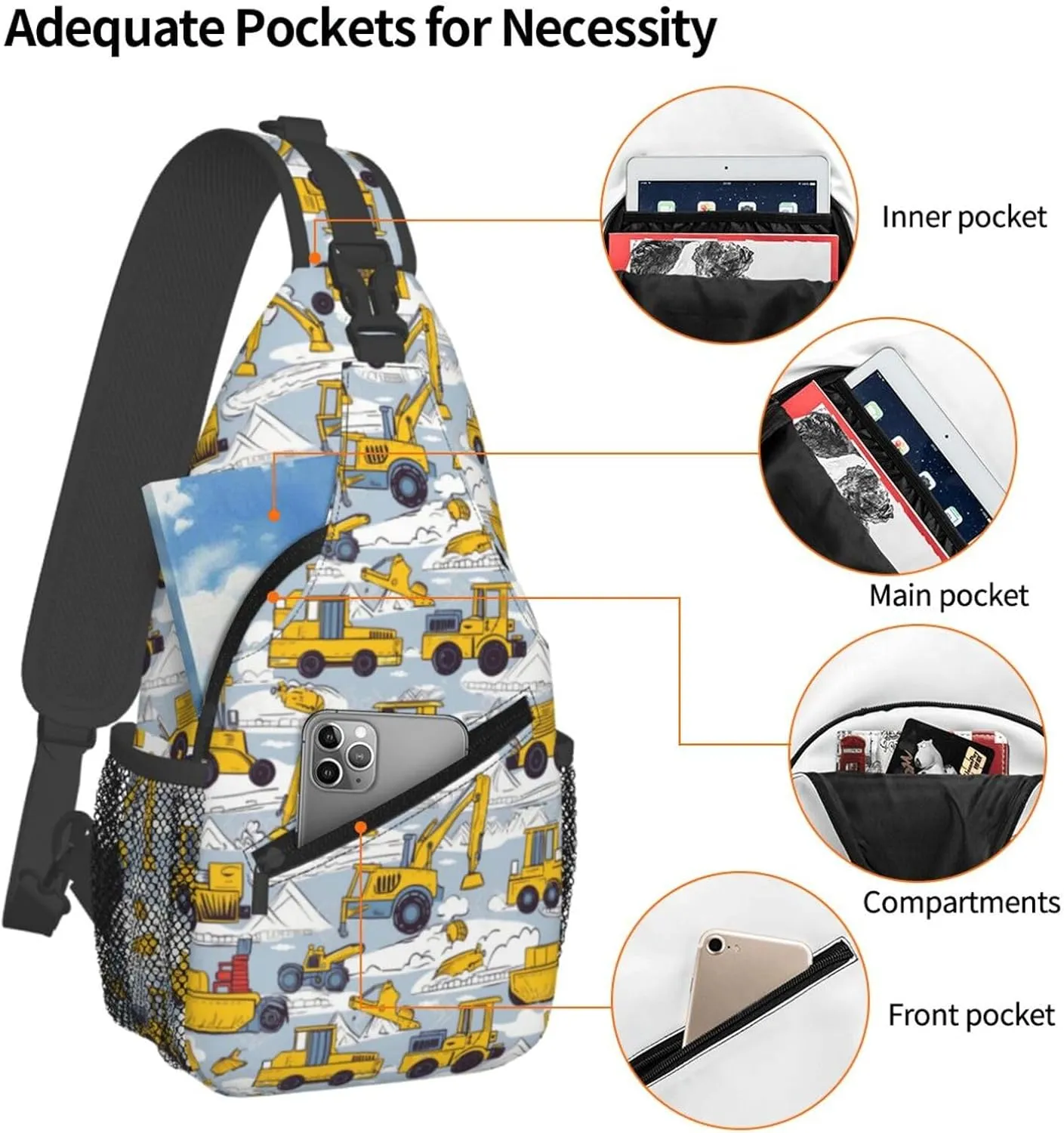 Busy Excavators Are Under Construction Chest Sling Bag Crossbody Shoulder Backpack Bag Gym Cycling Daypack Travel Hiking Cross Bag