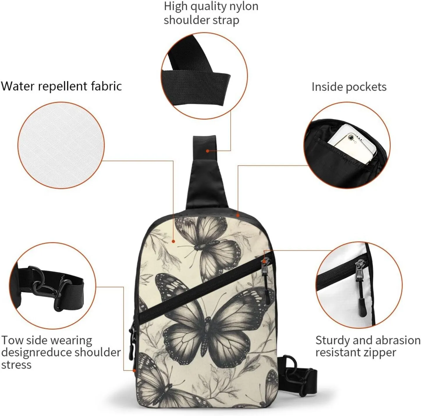 Butterflies Print Crossbody Bags For Women, Sling Bag For Men, Hiking Backpack Lightweight For Casual Outdoor Travel