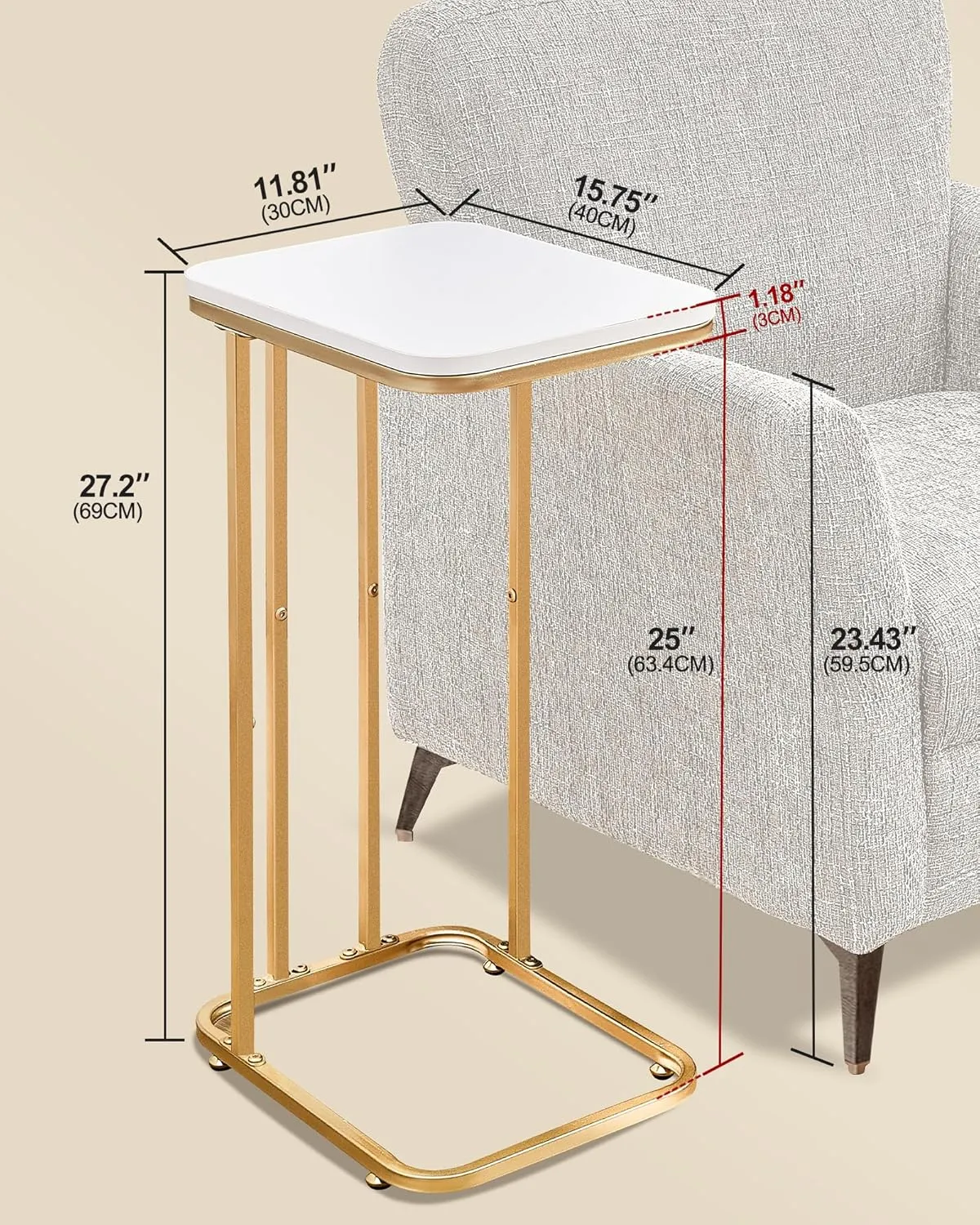 C Shaped End Table, 27 inches High Side Table for Couch Sofa Bed, Small Tv Tray, for Living Room, Bedroom, Metal Frame, Gold & White