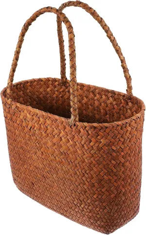 Cabilock Large Picnic Basket Dessert Woven Basket Gardening Laundry Hamper Woven Vegetable Basket Pet Carrier Bag Woven Tote Hand Woven Basket Weaving Summer Handbag Straw Vine Grass