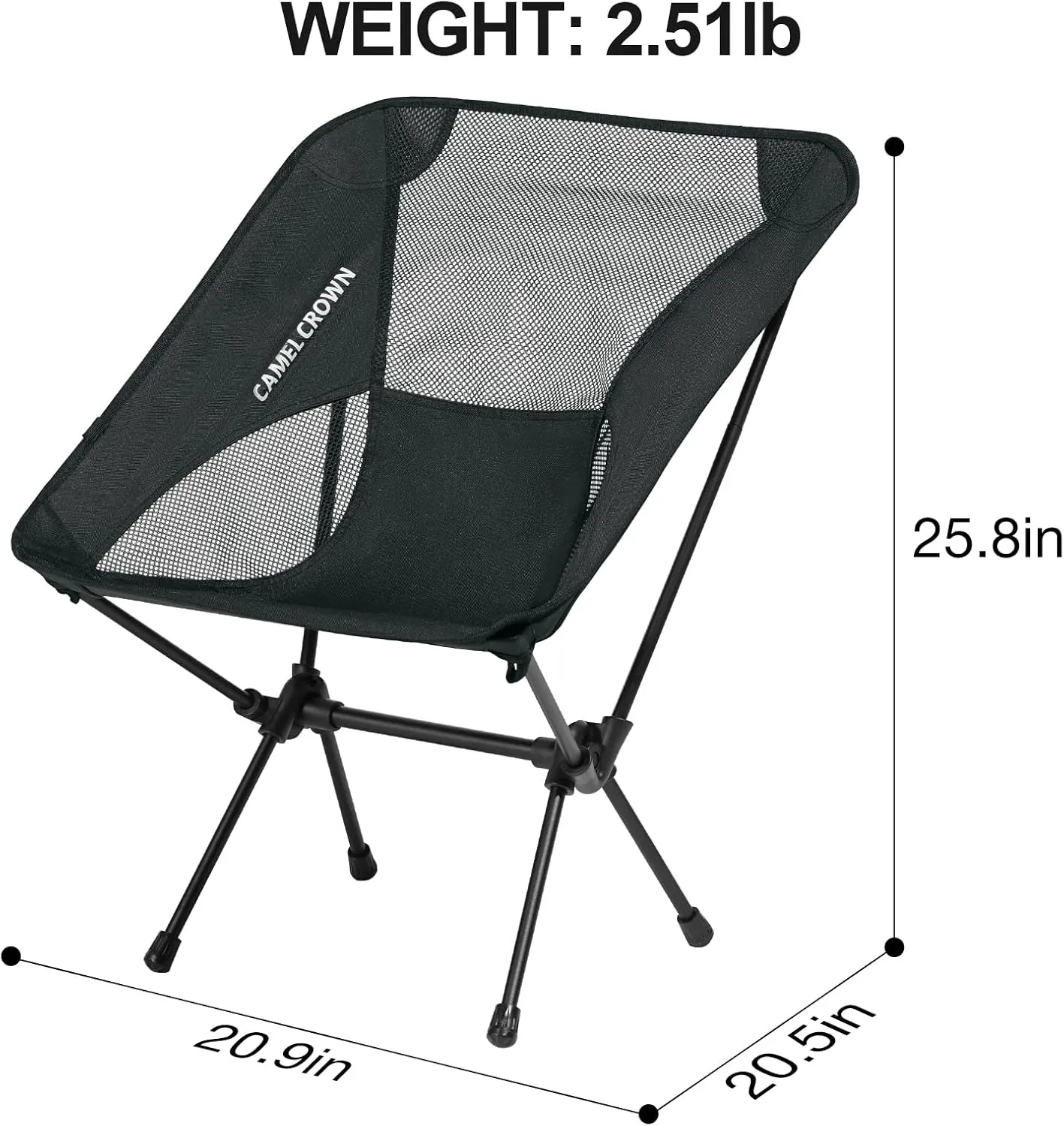 CAMEL CROWN Portable Camping Chair Lightweight Compact Folding Chair Mesh for Outdoor Camp Travel Beach Picnic Festival Hiking Backpacking Black