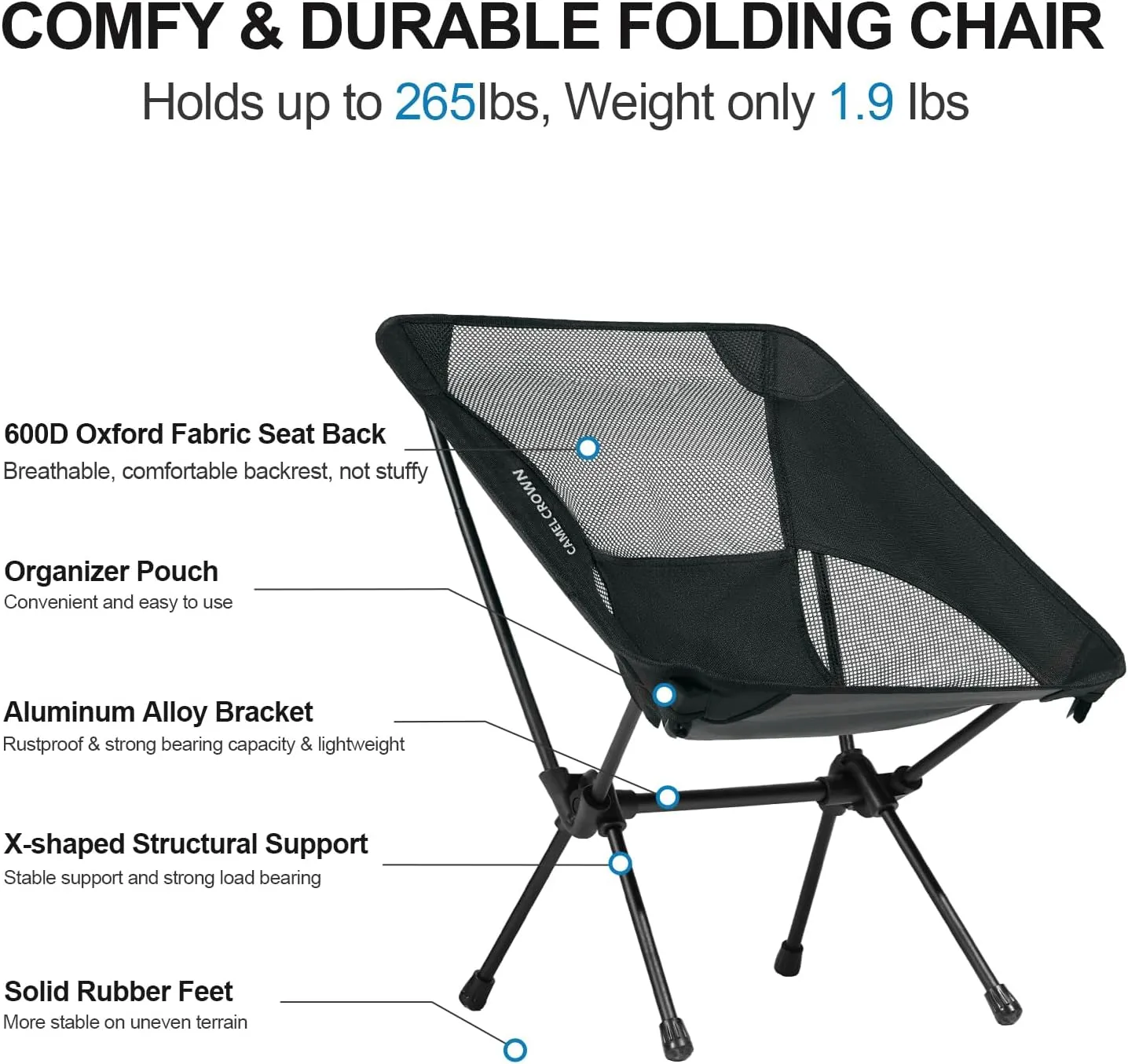 CAMEL CROWN Portable Camping Chair Lightweight Compact Folding Chair Mesh for Outdoor Camp Travel Beach Picnic Festival Hiking Backpacking Black