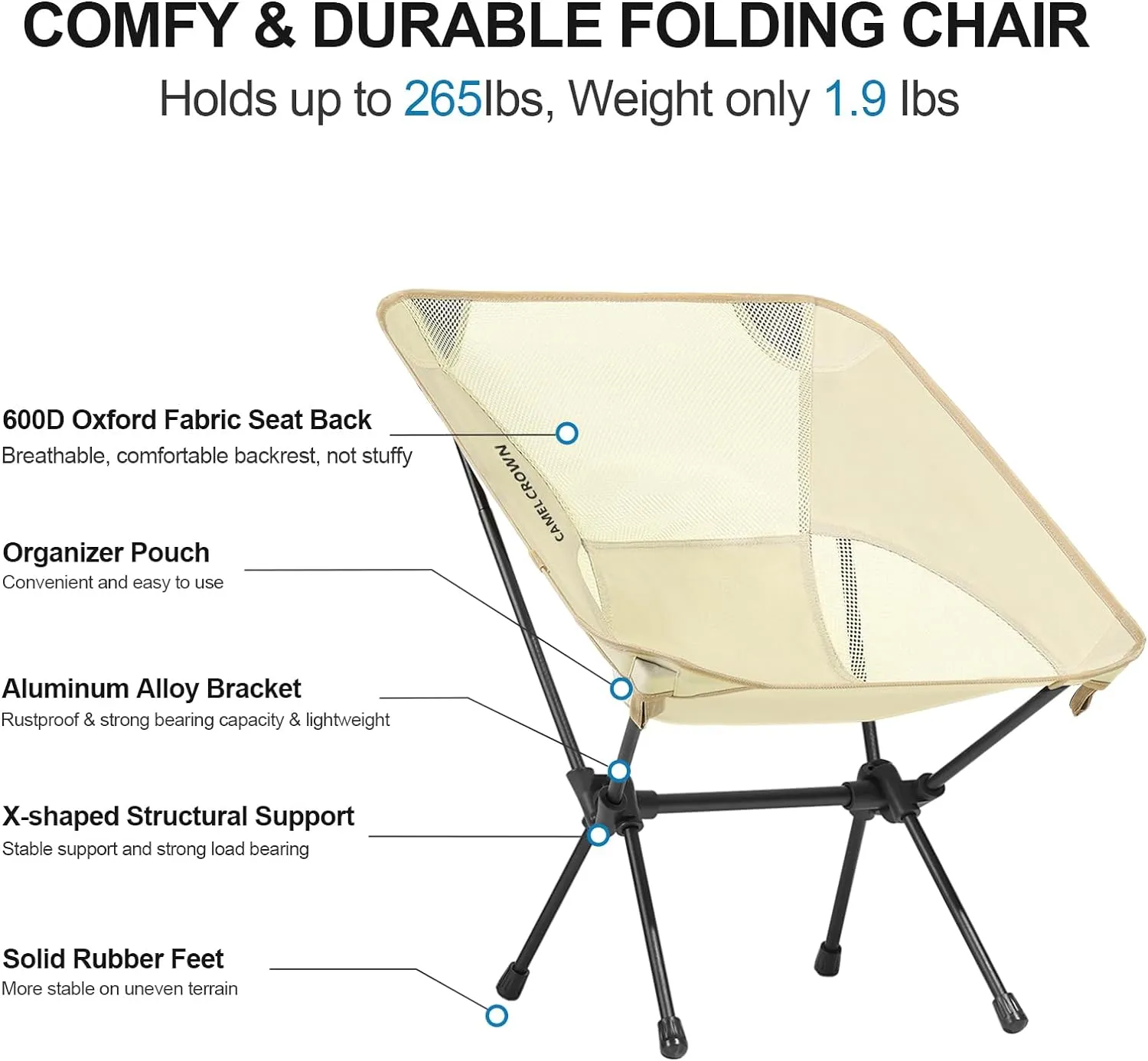 CAMEL CROWN Portable Camping Chair Lightweight Compact Folding Chair Mesh for Outdoor Camp Travel Beach Picnic Festival Hiking Backpacking White
