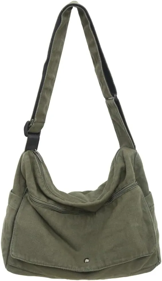 Canvas Cross Body Bag Slouchy Shoulder Bags for Men Women Casual Pure Color Hobo Bags with Large Capacity