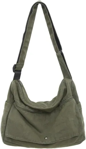 Canvas Cross Body Bag Slouchy Shoulder Bags for Men Women Casual Pure Color Hobo Bags with Large Capacity