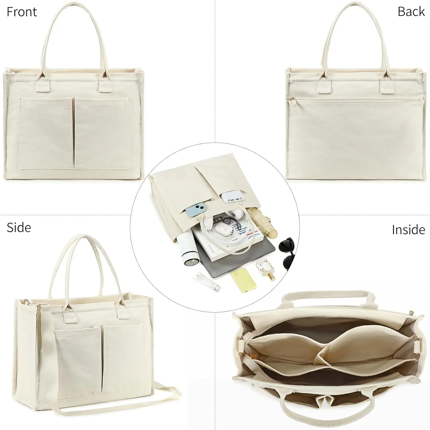 Canvas Tote Bag for Women, Large Laptop Crossbody Bag Travel Tote Handbag Everything Bag with Zip Simple Bag