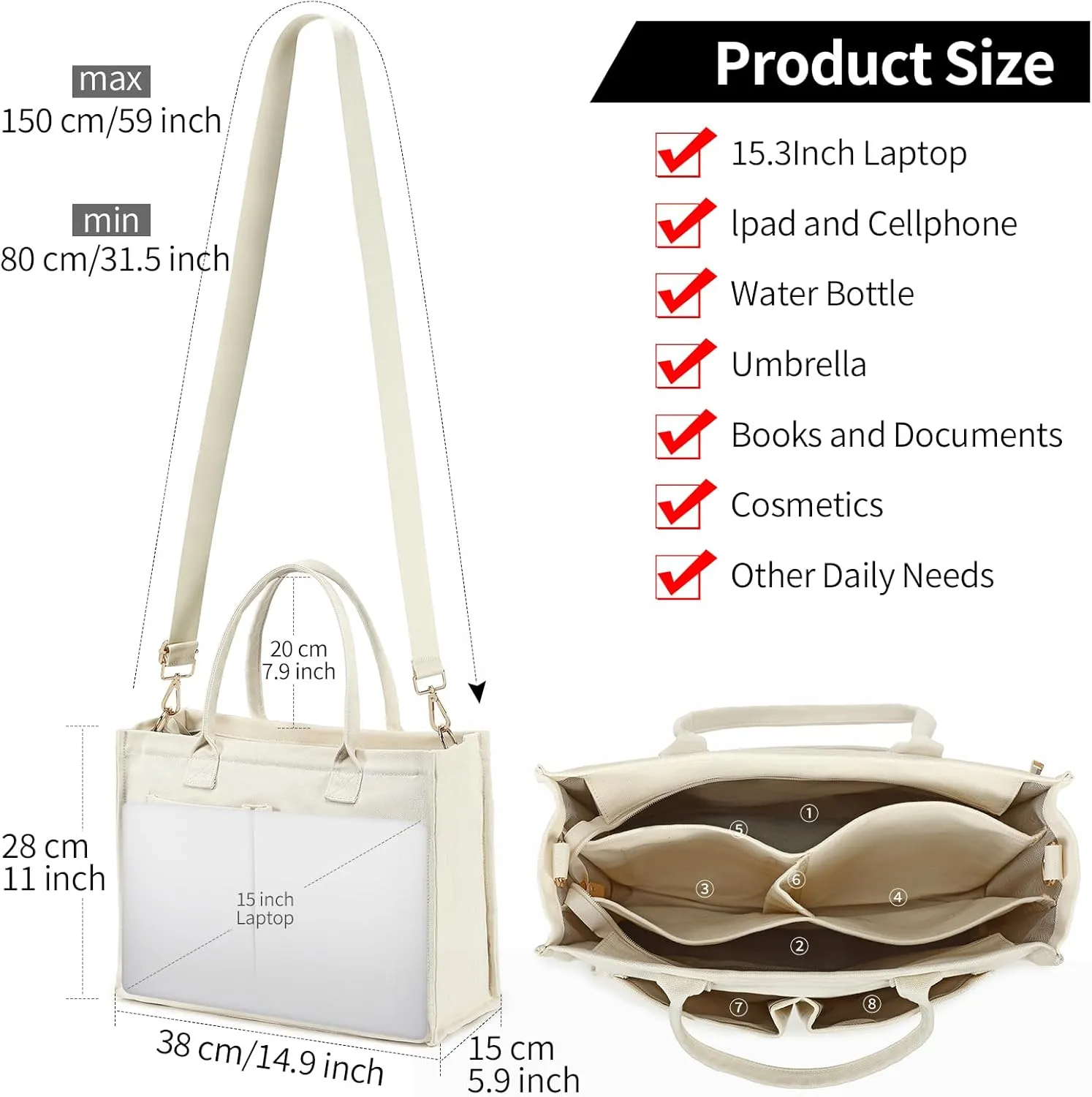 Canvas Tote Bag for Women, Large Laptop Crossbody Bag Travel Tote Handbag Everything Bag with Zip Simple Bag
