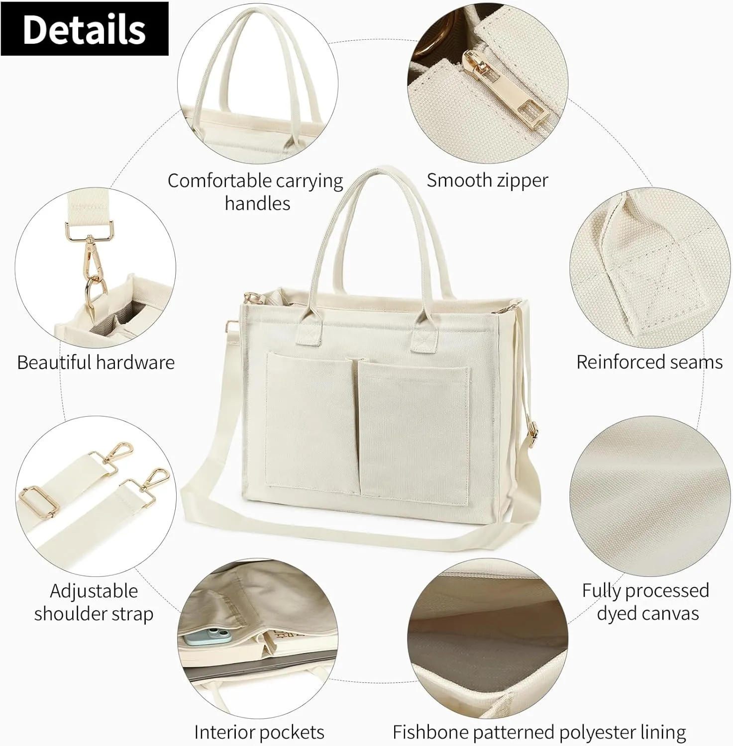 Canvas Tote Bag for Women, Large Laptop Crossbody Bag Travel Tote Handbag Everything Bag with Zip Simple Bag