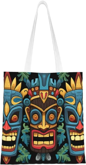 Canvas Tote Bag For Women Reusable Shopping Bag Casual Colorful Tiki Mask Pattern Shoulder Bag Handbag For Travel