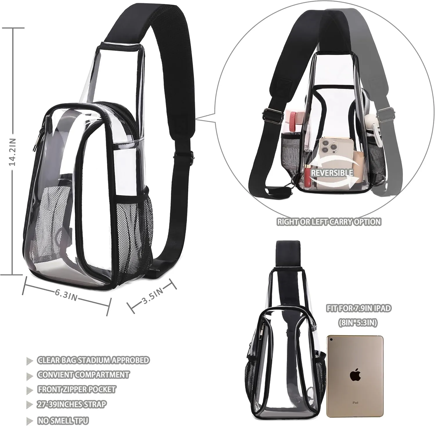 Caoroky knight clear bag for stadium events approved crossbody bags transparent TPU sling shoulder purse casual chest pack heavy duty clear backpack for men women-Black