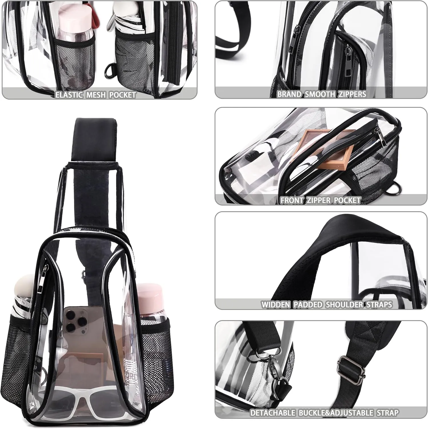 Caoroky knight clear bag for stadium events approved crossbody bags transparent TPU sling shoulder purse casual chest pack heavy duty clear backpack for men women-Black