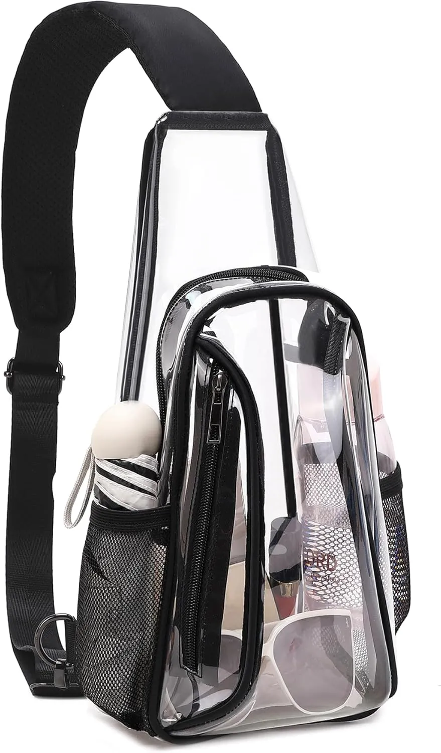 Caoroky knight clear bag for stadium events approved crossbody bags transparent TPU sling shoulder purse casual chest pack heavy duty clear backpack for men women-Black