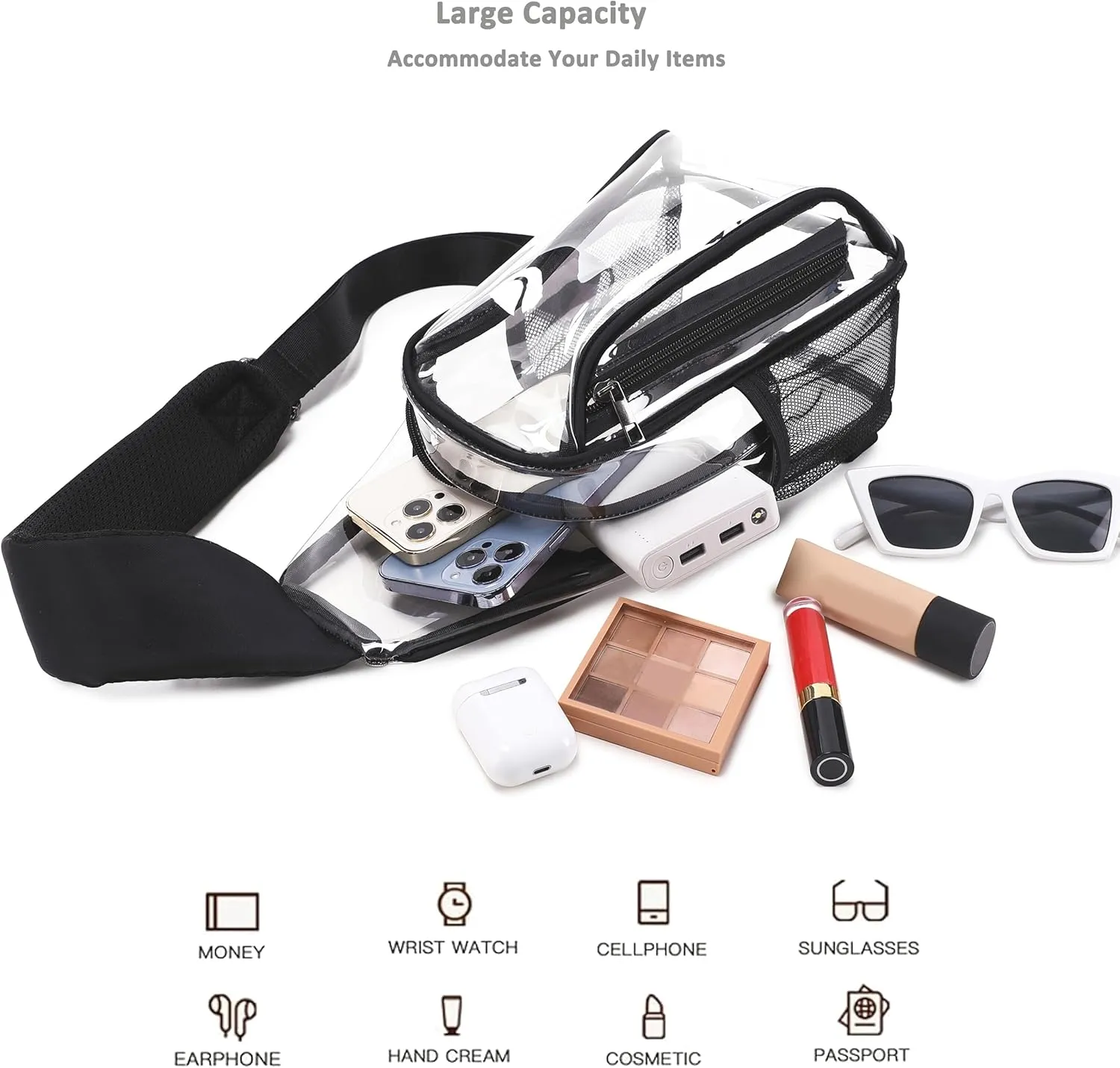 Caoroky knight clear bag for stadium events approved crossbody bags transparent TPU sling shoulder purse casual chest pack heavy duty clear backpack for men women-Black