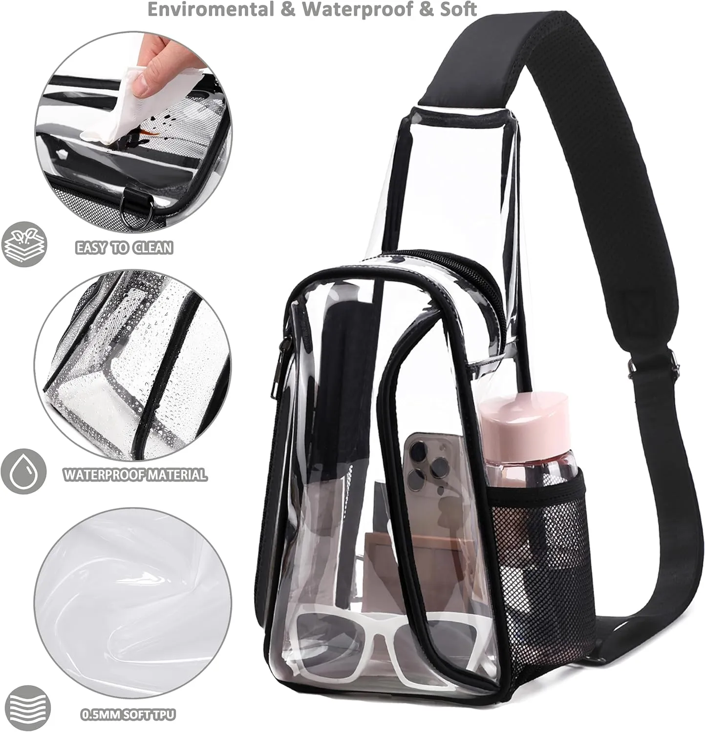 Caoroky knight clear bag for stadium events approved crossbody bags transparent TPU sling shoulder purse casual chest pack heavy duty clear backpack for men women-Black