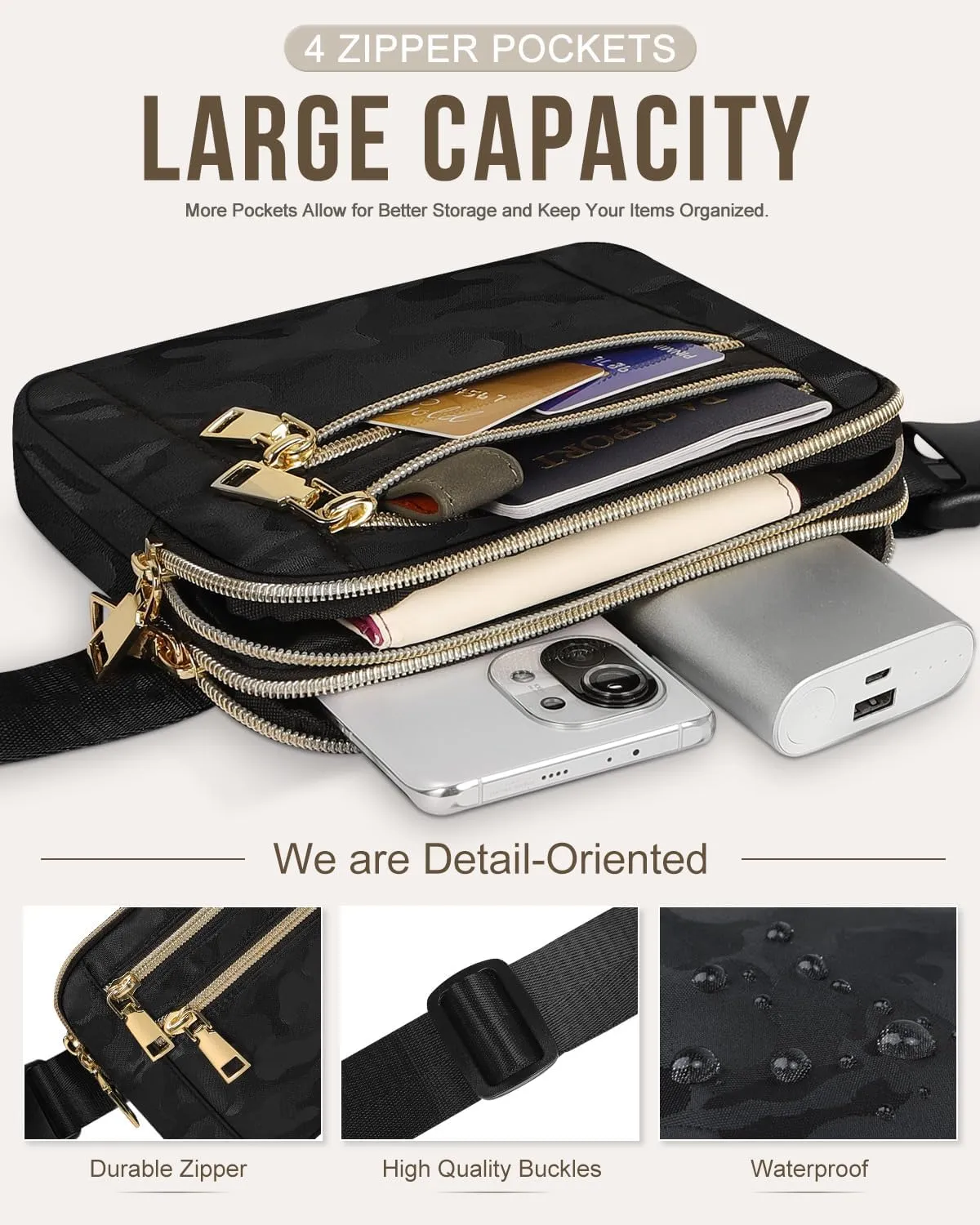 Capolo Fanny Packs for Women Fashion Waist Packs Bag with Adjustable Strap and 4 Zipper Pockets Waterproof Everywhere Crossbody Belt Bag for Workout Running Travelling(Black Camo)