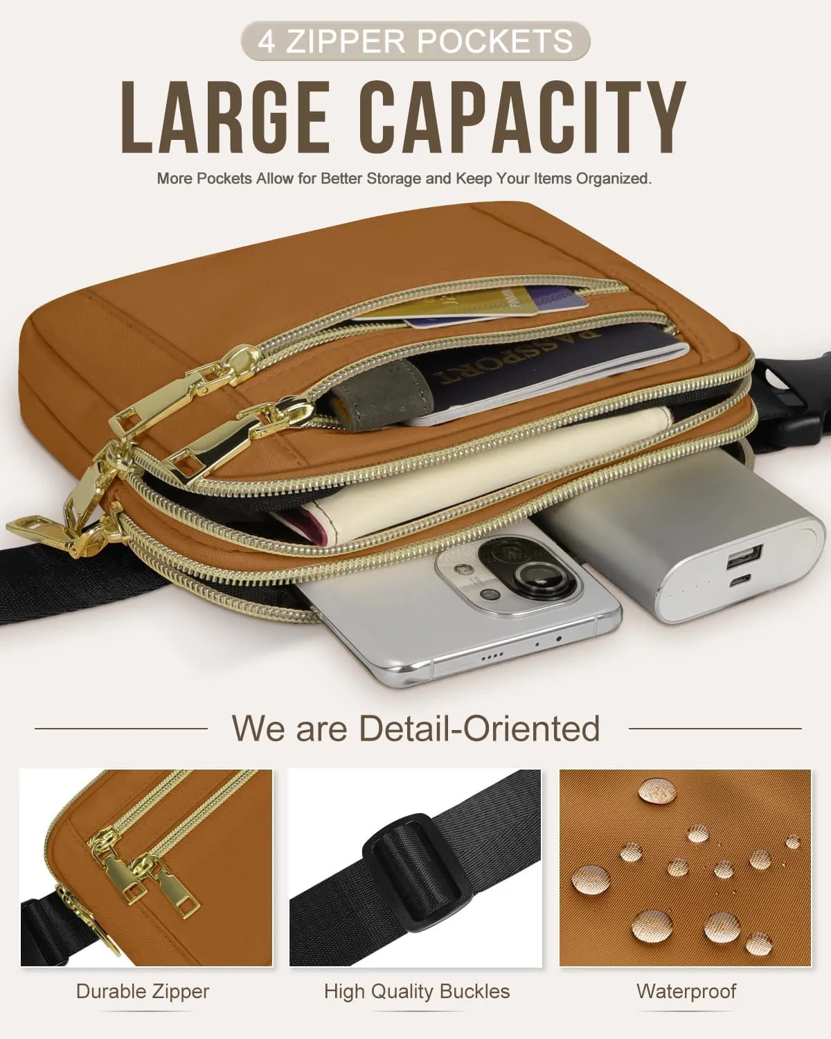 Capolo Fanny Packs for Women Fashion Waist Packs Bag with Adjustable Strap and 4 Zipper Pockets Waterproof Everywhere Crossbody Belt Bag for Workout Running Travelling(Brown)