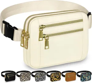Capolo Fanny Packs for Women Fashion Waist Packs Bag with Adjustable Strap and 4 Zipper Pockets Waterproof Everywhere Crossbody Belt Bag for Workout Running Travelling(Ivory, Large)