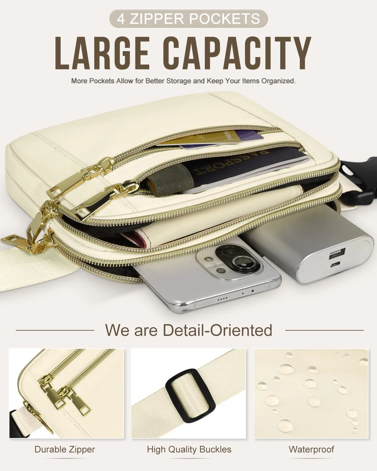 Capolo Fanny Packs for Women Fashion Waist Packs Bag with Adjustable Strap and 4 Zipper Pockets Waterproof Everywhere Crossbody Belt Bag for Workout Running Travelling(Ivory, Large)