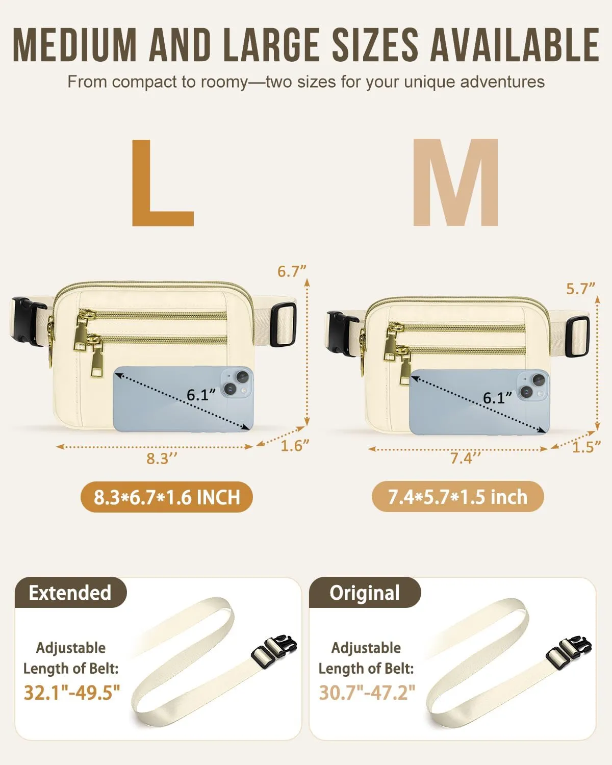 Capolo Fanny Packs for Women Fashion Waist Packs Bag with Adjustable Strap and 4 Zipper Pockets Waterproof Everywhere Crossbody Belt Bag for Workout Running Travelling(Ivory, Large)