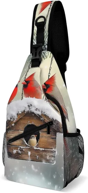 Cardinal Snowy Winter Scene Sling Backpack Multipurpose Crossbody Shoulder Bags Travel Chest Bag Hiking Daypack
