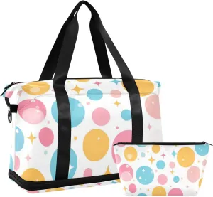 Cartoon Colorful Polka Dots Duffel Bag Gym Bag with Toiletry Bag for Sports Foldable