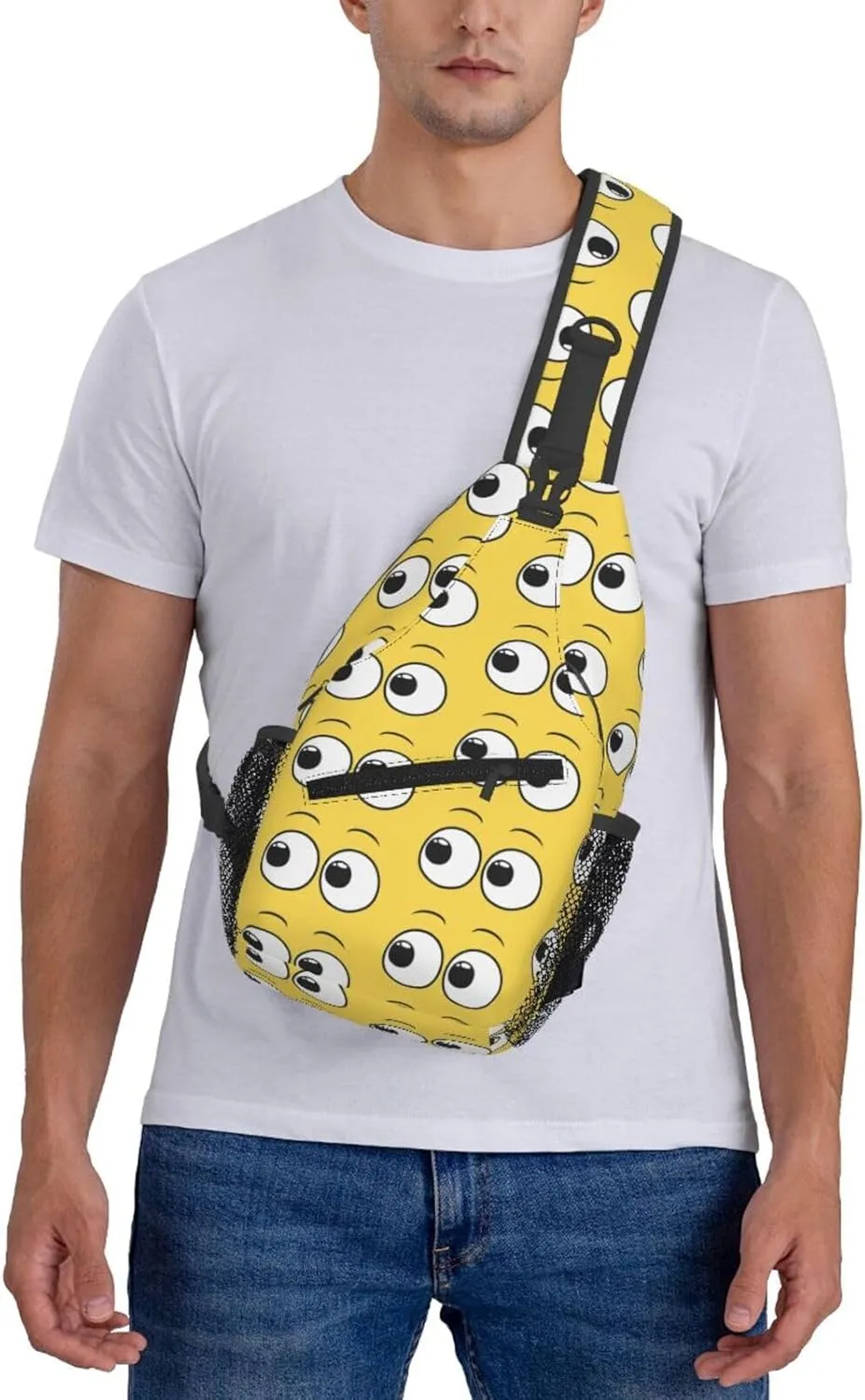 Cartoon Cute Eyes Yellow Crossbody Bag Cross Chest Bag Adjustable Sling Backpack Sports Gym Shoulder Bags Travel Cycling Daypack Diagonally Casual Rucksack
