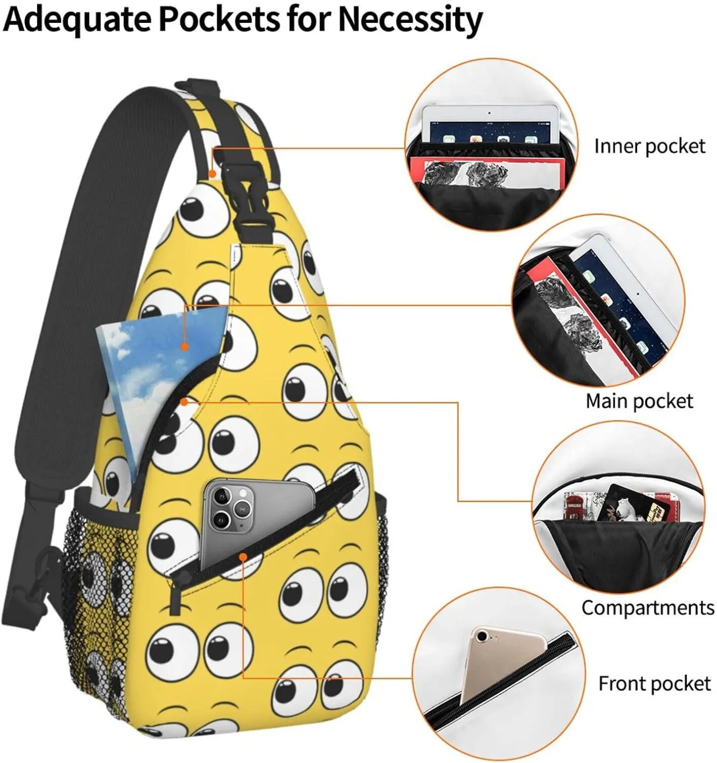 Cartoon Cute Eyes Yellow Crossbody Bag Cross Chest Bag Adjustable Sling Backpack Sports Gym Shoulder Bags Travel Cycling Daypack Diagonally Casual Rucksack
